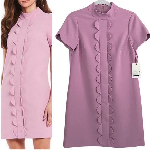 Alex Marie NWT Lilac Purple Gwen Mock Neck Scallop Front Trim Shift Dress Size 4 - Picture 2 of 10